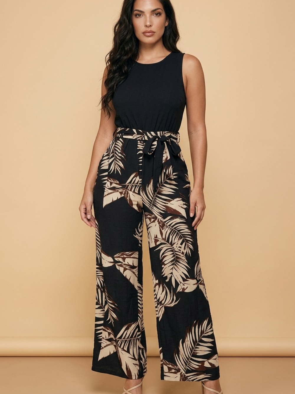Rafferiza black tropical print jumpsuit  wide-leg pants Size Small